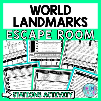 Preview of World Landmarks Escape Room Stations - Reading Comprehension Activity Geography