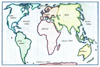 world map labeled oceans