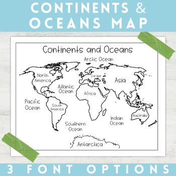 Preview of World Map Continents and Oceans | Black and White | Coloring Sheet