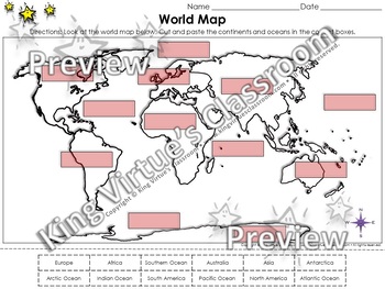 world map continents and oceans cut and paste activity king virtue