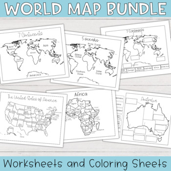 Preview of World Map Worksheets and Coloring Pages | 7 Continents and Oceans