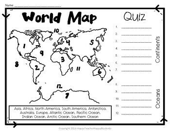 World Map World Map Quiz Test And Map Worksheet 7 Continents And 5 Oceans