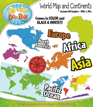 Preview of World Map and Continents Clipart {Zip-A-Dee-Doo-Dah Designs}