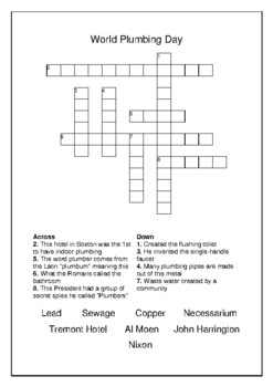 World Plumbing Day March 11th Crossword Puzzle Word Search Bell Ringer