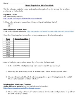 Preview of World Population Webquest Worksheet