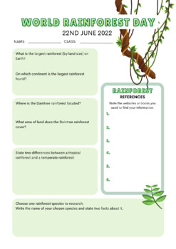 Preview of World Rainforest Day Geography Research Worksheet - Editable in Canva