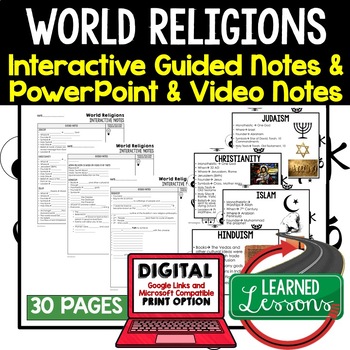 Preview of World Religions Guided Notes and PowerPoints, Interactive Notebooks, Google