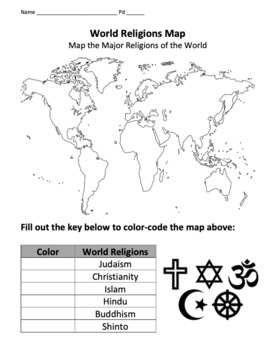 Preview of World Religions Map / Basic Map of Christianity, Islam, Judaism, Hinduism, etc.