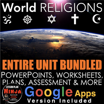 Preview of World Religions Unit - PPTs, Worksheets, Plans, Guided Notes, Test + GoogleApps