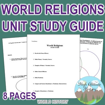 Preview of World Religions Unit Study Guide (World History)