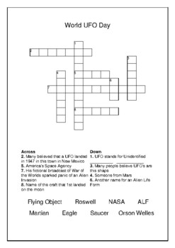 World UFO Day July 2nd Crossword Puzzle Word Search Bell Ringer