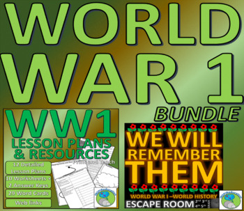 Preview of World War 1 Lesson Plans, Worksheets, Escape Room and Answer Key Bundle