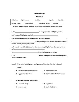World War 1 Quiz Worksheets Teaching Resources Tpt