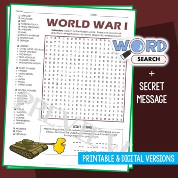 Preview of World War 1 Word Search Puzzle Activity Vocabulary Worksheet