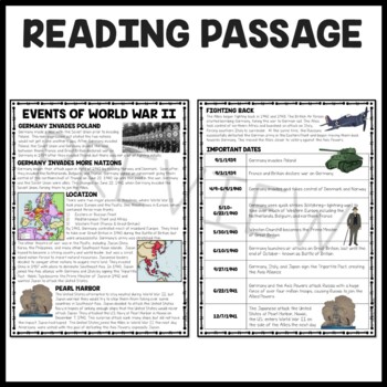 world war 2 ii events reading comprehension worksheet poland to pearl
