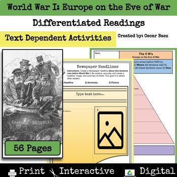 Preview of World War I Eve of War Reading Comprehension Passages and Activities