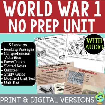 Preview of World War 1 Unit - WW1 Lessons - WWI Activities - Passages - PPT - Quizzes- Test