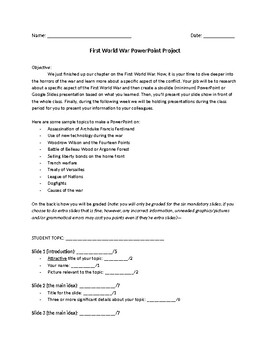 Preview of World War I PowerPoint Project Directions and Rubric