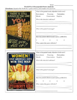 Preview of World War I Propaganda Poster Worksheet w/ Poster Activity