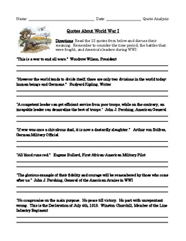 Preview of World War I: Quotation Analysis Worksheet, Homework, or Discussion Printable