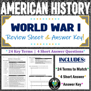 Preview of World War I Review Sheet and Answer Key