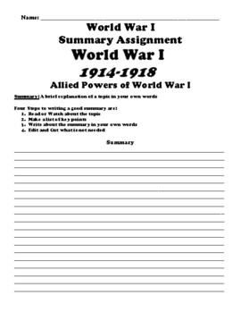 Preview of World War I Summary Writing Packet 22 Total Topics)