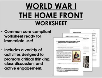Preview of World War I - The Home Front worksheet