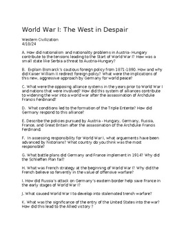 Preview of World War I: The West in Despair Study Guide