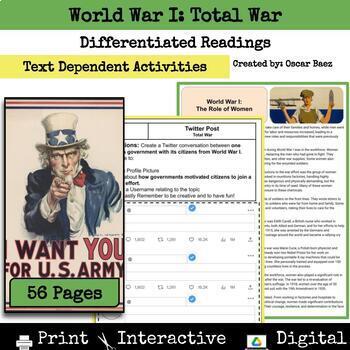 Preview of World War I Total War Reading Comprehension Passages and Activities