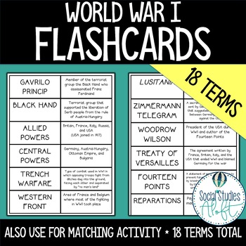 Preview of World War I Vocabulary Flashcards and Matching Activity