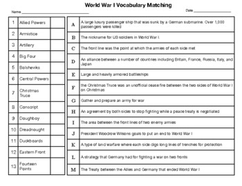 Preview of World War I Vocabulary Matching