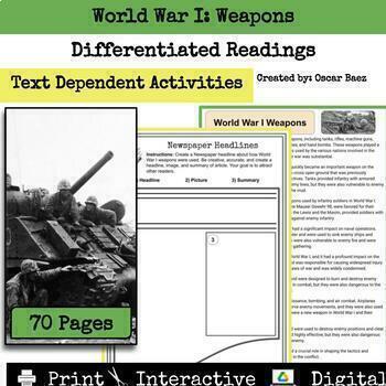 Preview of World War I Weapons Reading Comprehension Passages and Activities