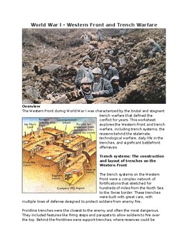 Preview of World War I - Western Front and Trench Warfare Worksheet with KEY