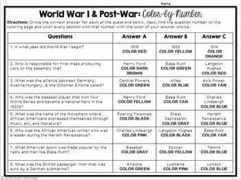 world war i and postwar america colorbynumber activity