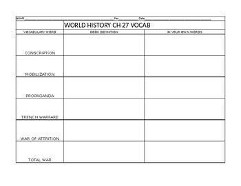 Preview of World War I vocabulary worksheet