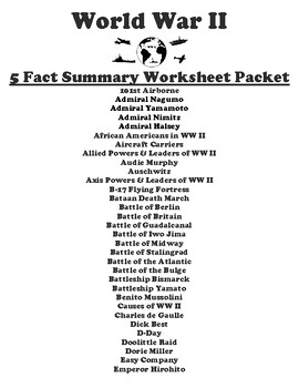 Preview of World War II "5 FACT" Summary Assignment Packet (73 Topics)