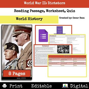 Preview of World War II: Dictators Reading Passage, Worksheet, Quiz
