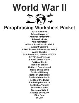 Preview of World War II Paraphrasing Worksheet Packet  (65 Topics)
