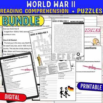 Preview of World War II Reading Comprehension Passage ,Puzzles,Digital & Print BUNDLE