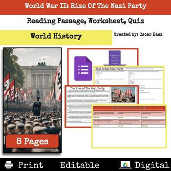 Preview of World War II: Rise of the Nazi Party Reading Passage, Worksheet, Quiz
