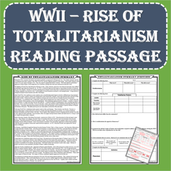 World War II Rise of Totalitarianism Summary and Worksheet (PDF and