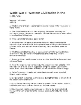 Preview of World War II: Western Civilizations in the Balance Study Guide with Answers