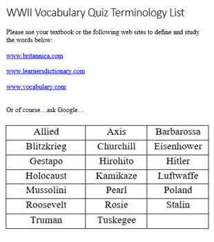 World War Ii World History Voary Quiz And Word List Techcheck Lessons