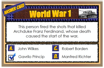 Preview of World War One - Canadian History Multiple Choice Cards & Answers 37 Cards PDF