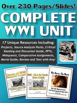 Preview of World War One (WWI) - Complete Unit (Projects, PPT's, Webquests, Sources, Test)