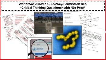 Preview of World War Z Movie Guide/Answer Key/Permission Slip *Critical Thinking*No Prep*