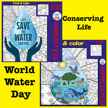 Preview of World Water Day Collaborative Coloring Poster Art, Earth Day Class Decor Bundle