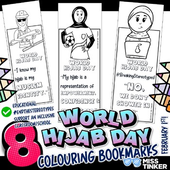 Preview of World hijab Day Colouring Bookmarks, Inclusion, Diversity, Belonging, Respect