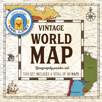 Preview of World map and continents: Vintage style geography poster set (10 maps)