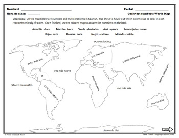 World map color by numbers worksheet - Spanish - 36 versions | TPT